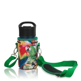 Made Easy Kit Water Bottle Carrier Holder w/Shoulder Strap (Color: Jungle Parrots Green, size: Small (12oz-14oz))