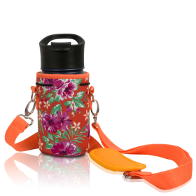 Made Easy Kit Water Bottle Carrier Holder w/Shoulder Strap (Color: Orange Floral, size: Small (12oz-14oz))