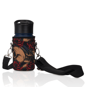 Made Easy Kit Water Bottle Carrier Holder w/Shoulder Strap (Color: Skulls & Roses, size: Small (12oz-14oz))