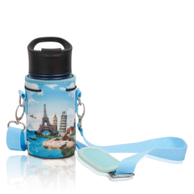 Made Easy Kit Water Bottle Carrier Holder w/Shoulder Strap (Color: Travel 7 Wonders, size: Small (12oz-14oz))