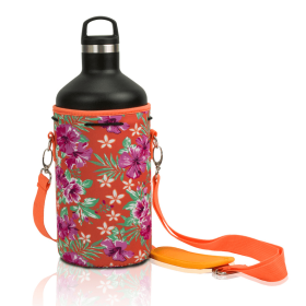 Made Easy Kit Water Bottle Carrier Holder w/Shoulder Strap (Color: Orange Floral, size: XL (64oz))