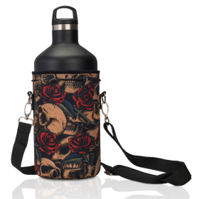 Made Easy Kit Water Bottle Carrier Holder w/Shoulder Strap (Color: Skulls & Roses, size: XL (64oz))