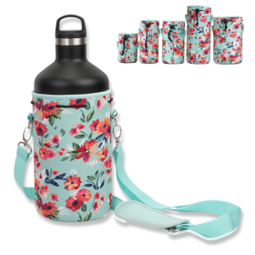 Made Easy Kit Water Bottle Carrier Holder w/Shoulder Strap (Color: Teal Floral, size: XL (64oz))