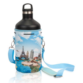 Made Easy Kit Water Bottle Carrier Holder w/Shoulder Strap (Color: Travel 7 Wonders, size: XL (64oz))